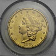Zlatý 20 Dollar 1860 - Coronet Head - Etue PCGS AU53 - RR!
