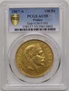 Zlatý 100 Frank 1867 A - Napoleon III. - PCGS AU55!