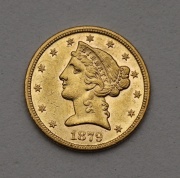 Zlatý 5 Dollar 1879 S - Coronet Head - Krásný stav! Vzácný!