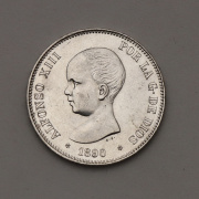 Stříbrné 5 Pesetas 1890 MPM - Alfonso XIII. - Super!