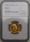 Zlatý 20 Frank 1930 B - Liechtenstein - NGC MS63 - Super! RR!