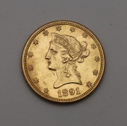 Zlatý 10 Dollar 1891 CC - Coronet Head - Krásný Stav! RR!