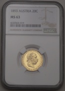 Zlatá Dvacetikoruna FJ I. 1893 bz - NGC MS63!