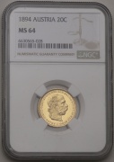 Zlatá Dvacetikoruna FJ I. 1894 bz - NGC MS64!!