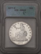 Stříbrný Trade Dollar 1877 S - USA - ICG MS62 - Super Stav! R!